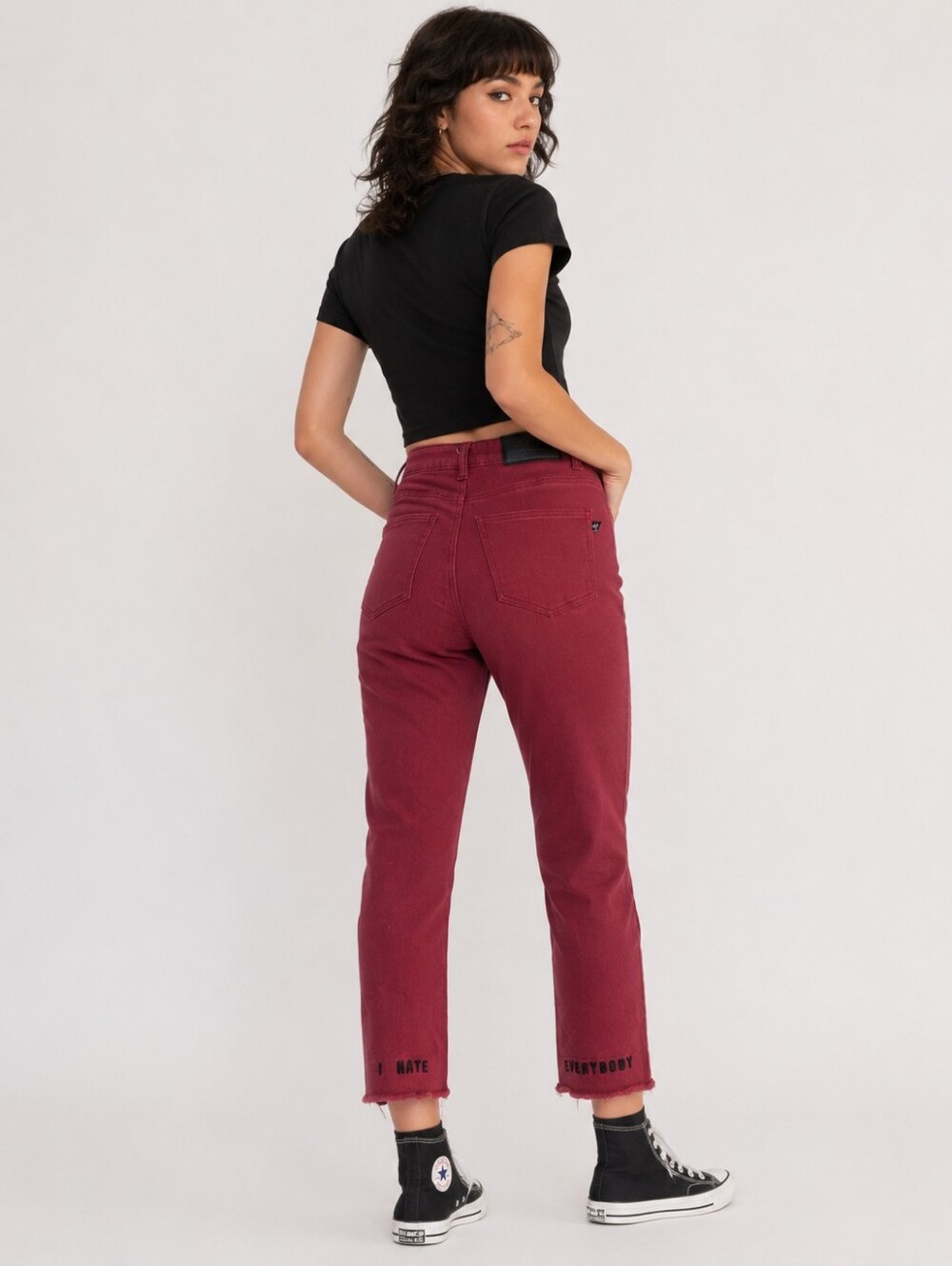 Lazy Oaf x Daria “I Hate Everybody” Cropped Jeans Size 26 Burgundy Raw Hem